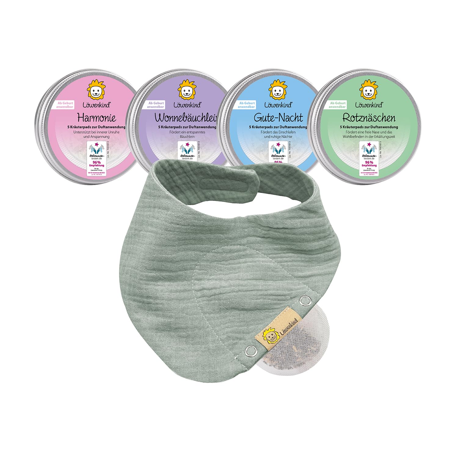 LÖWENKIND Baby Startklar-Set für typische Kinderwehwehchen | Erkältungszeit, Zahnen, Schlafprobleme, Bauchbeschwerden | 4x5 natürliche Kräuterpads | Musselin-Halstuch aus 100% Bio-Baumwolle (Pistazie)
