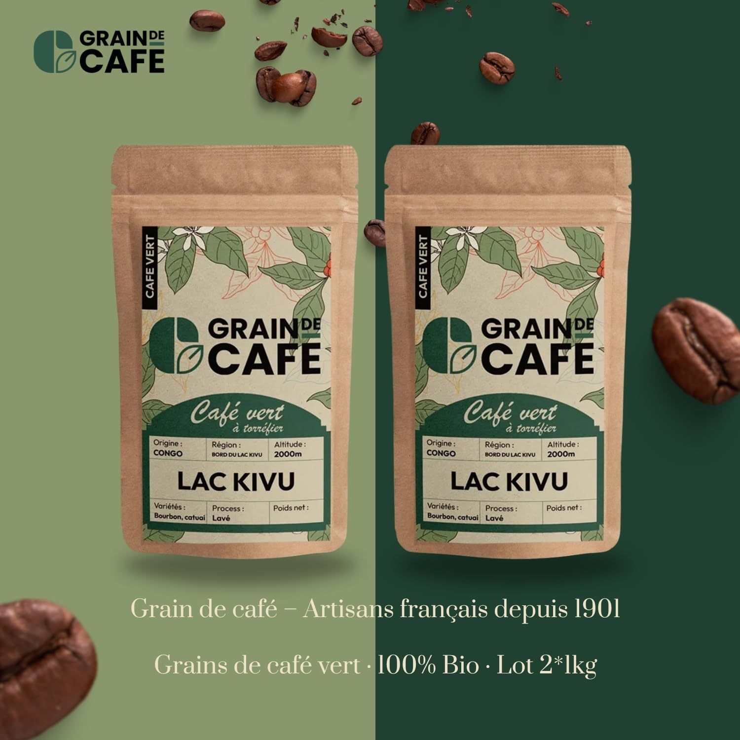 Graindecafé – Café Vert Congo Lac Kivu 1kg | 100% Arabica Lavé Non Torréfié | De Terroir Africain | Notes De Fruits Rouges Et Cacao | Idéal Machine À Grain Une Fois Torréfié