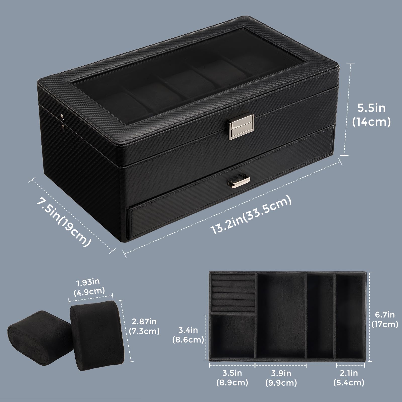 ProCase Scatola Orologio e Porta Orologi Uomo in Pelle PU Premium 12 Slot con Cassetto - Organizzatore per Anelli e Occhiali da Vista, Vetrina con Coperchio in Vetro, Tutto Nero
