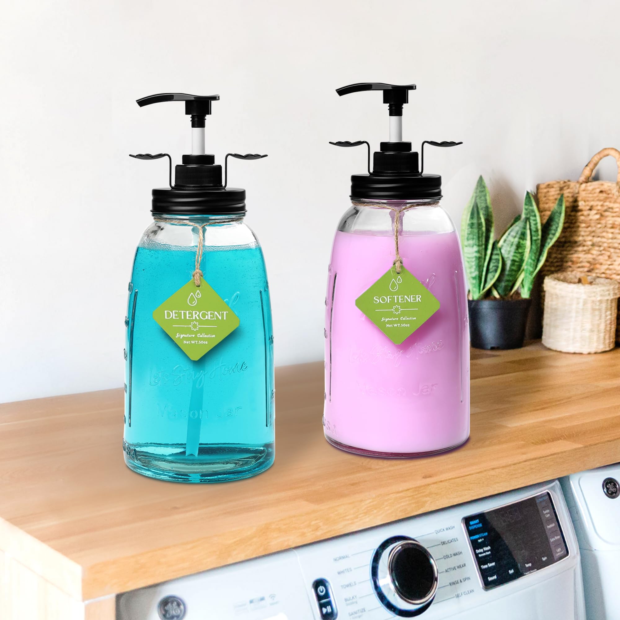Liquid Laundry Detergent Dispenser, Besuerte Set of 2 Laundry Detergent Containers, Refillable & Reusable 50oz Soap Dispenser with Pump and Hanging