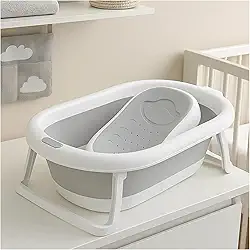 PIPDIP Kit Banheira Dobrável para Bebê, Modelo 2 em 1, Com Encosto, Capacidade de até 44 Litros, Portátil, Plástico e Borracha, Branco e Cinza.
