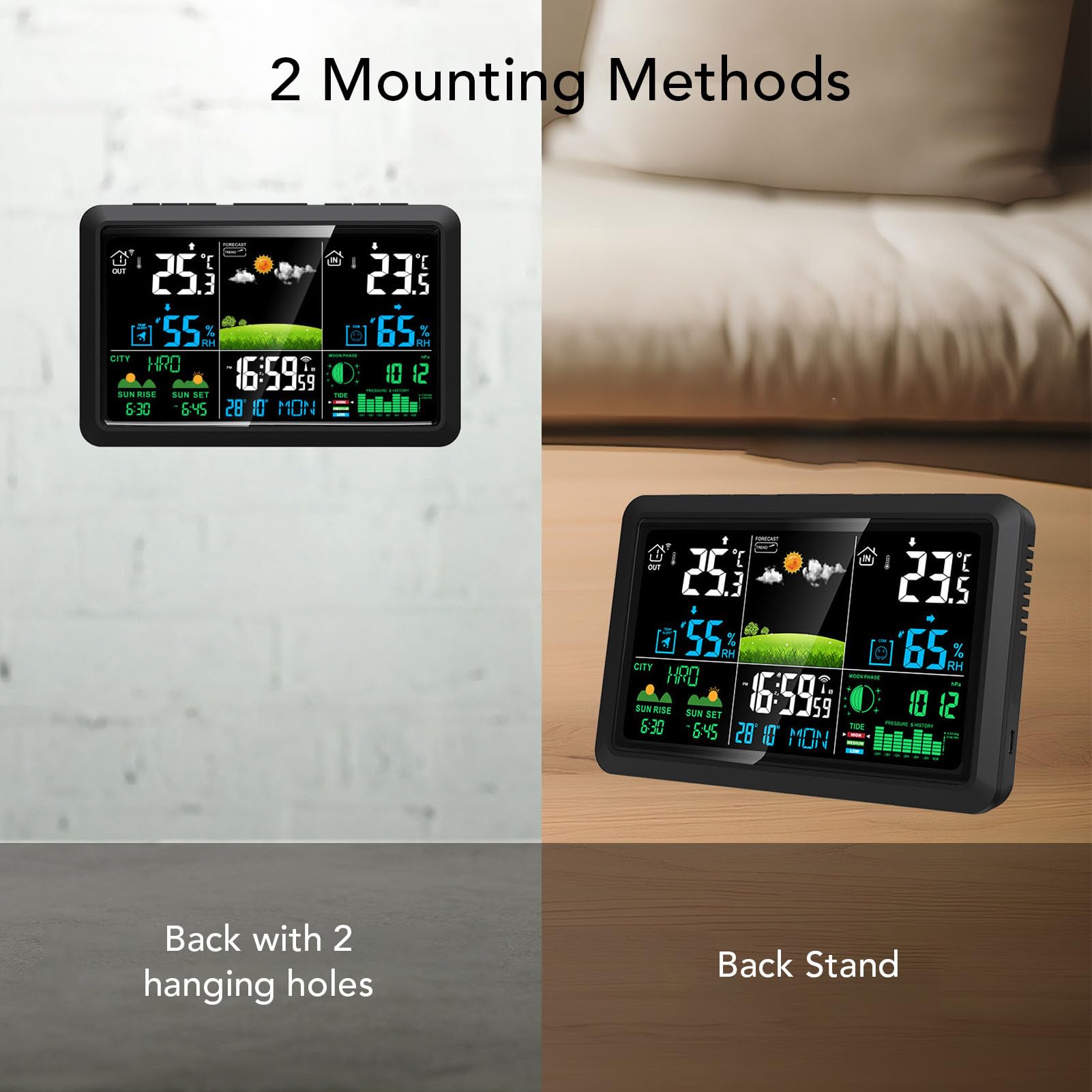 Stazione Meteorologica Wireless per Interni Esterni, Termometro Digitale con Display a Colori con Orologio Atomico, Previsioni Meteo, Monitoraggio dell'umidità della (Spina europea 220 V)