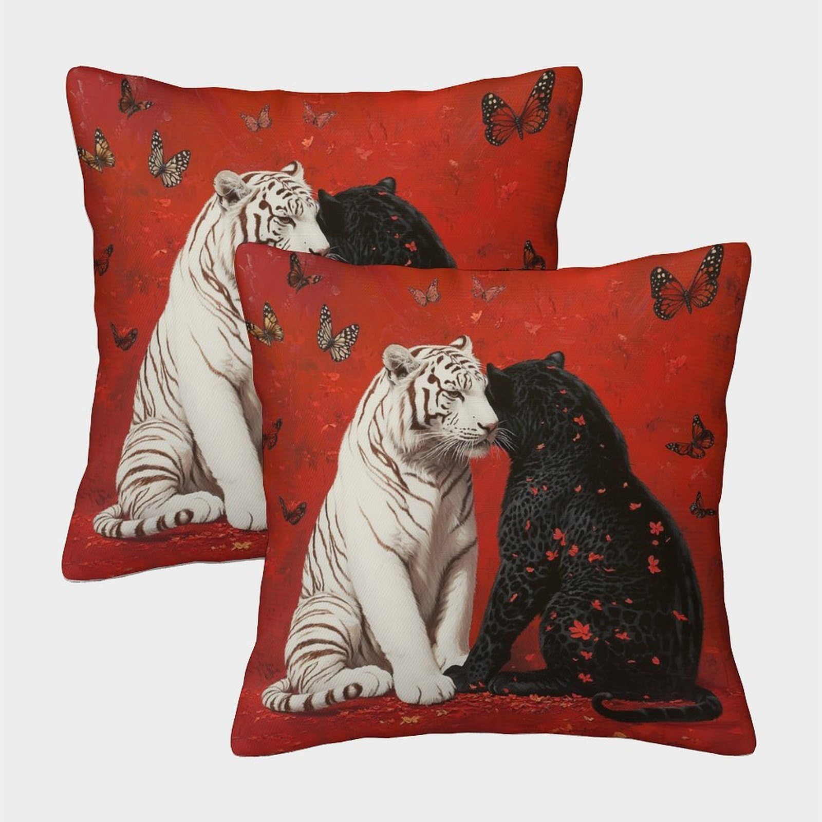 kaiyun 2 Pack White Tiger And Black Panther,Butterfly Pillow Case 40x40cm Throw Pillow Case,Modern Decoration Pattern for Terrace Sofa Bedroom Indoor Outdoor Party