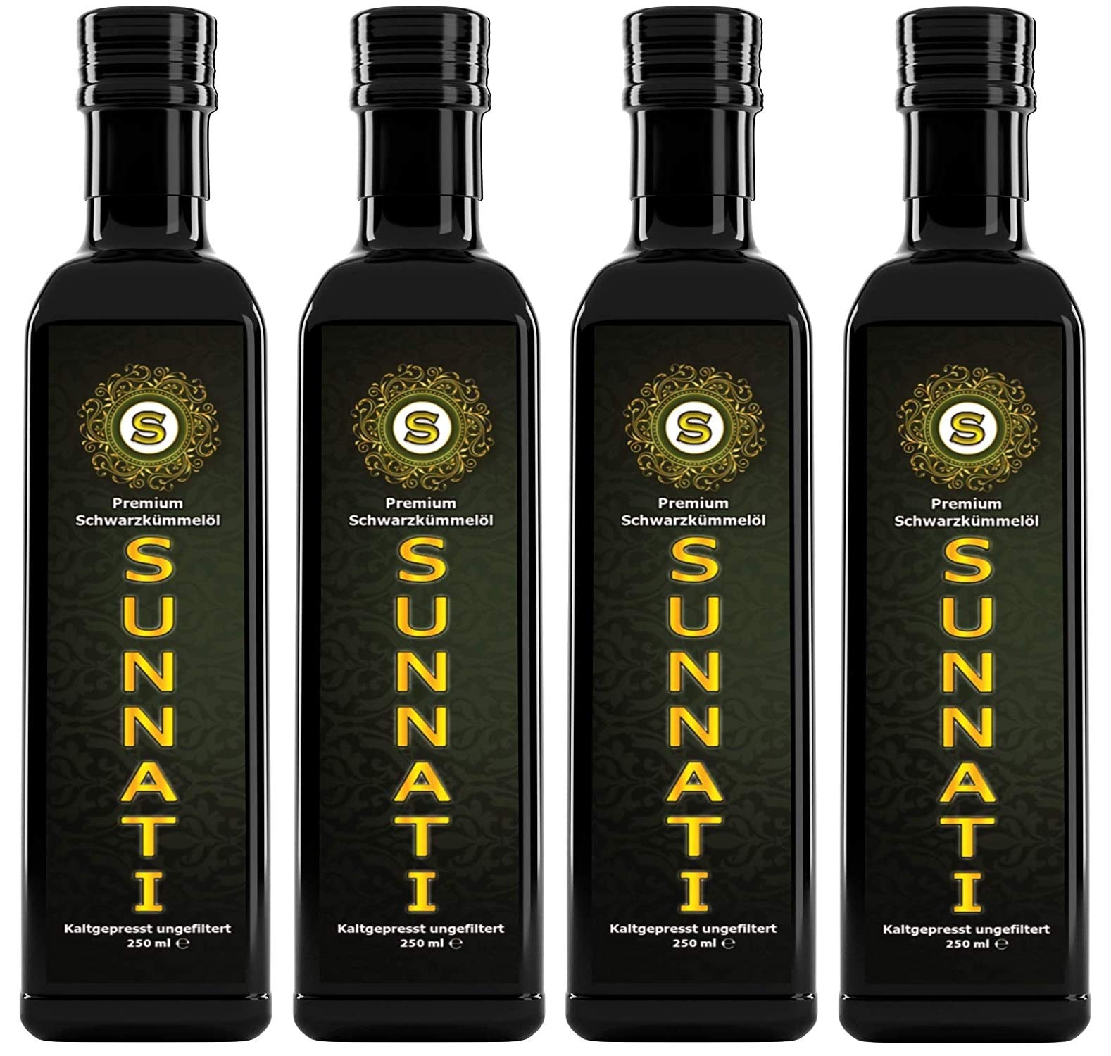 Sunnati® Olio di cumino nero non filtrato, spremuto a freddo, 100% puro 4 x 250 ml (1000 ml)