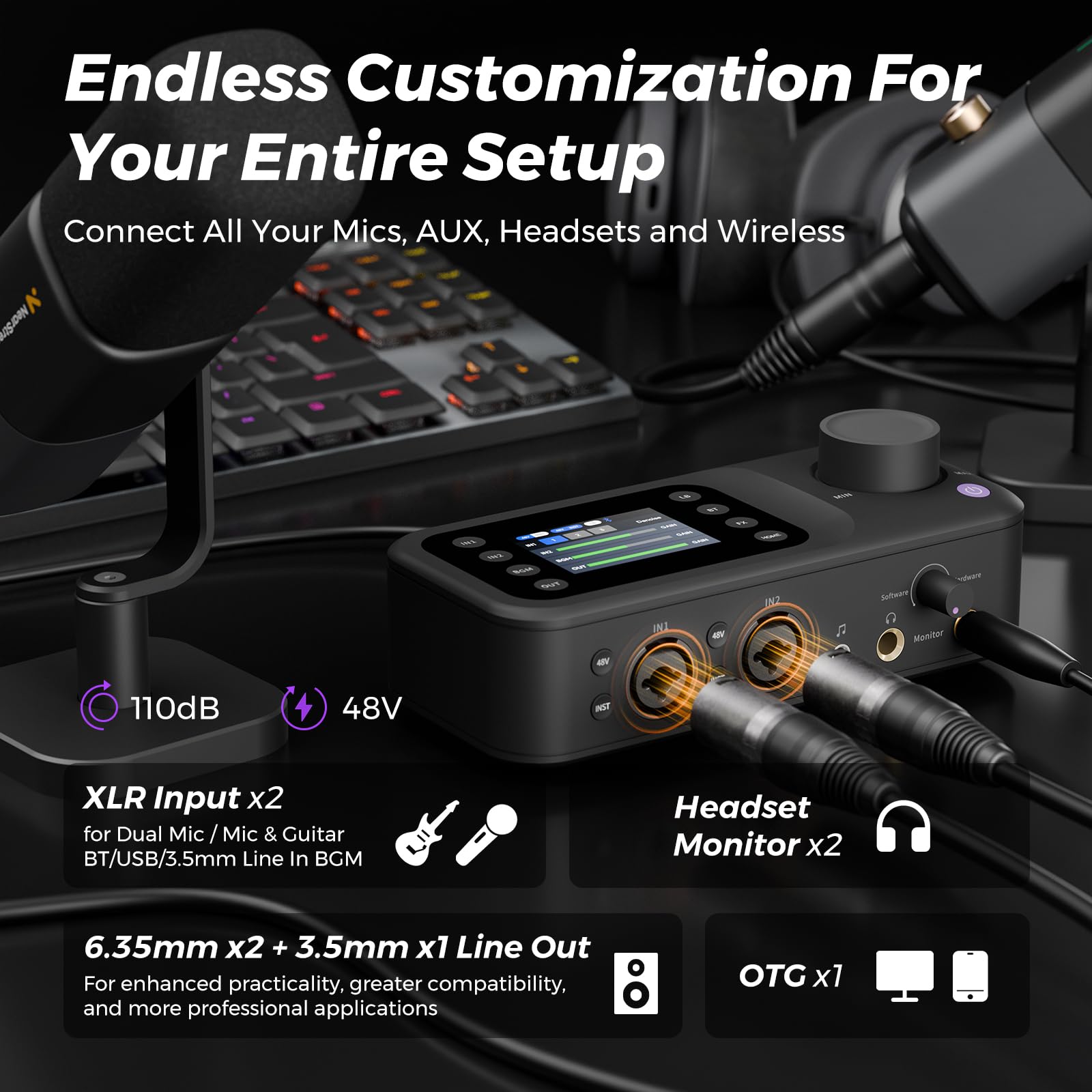 AMIX40U Audio Interface con preamplificatore pro/10 canali/Dual XLR o 6,35 mm Audio Port/48 V Phantom Power/Bluetooth/LCD, mixer audio per chitarristi/produttori su PC/Mac
