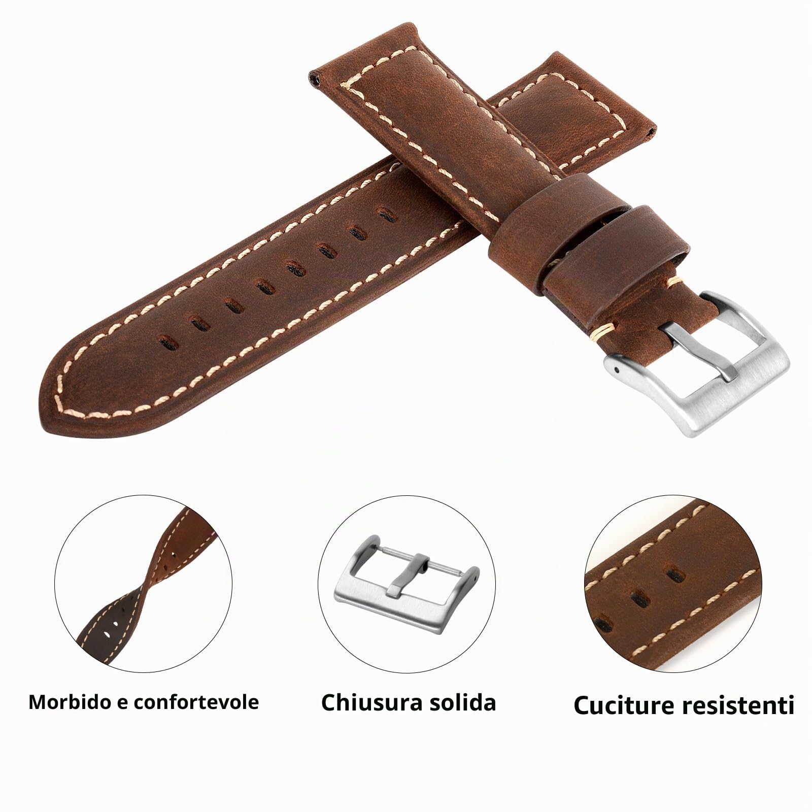 TStrap Cinturino Pelle Orologio 20mm - Nero Cuoio Vintage Elegante Cinturini Uomo - Flessibile Spessore Militari Bracciale di Ricambio Fibbia per Smartwatch - 20mm 22mm 24mm