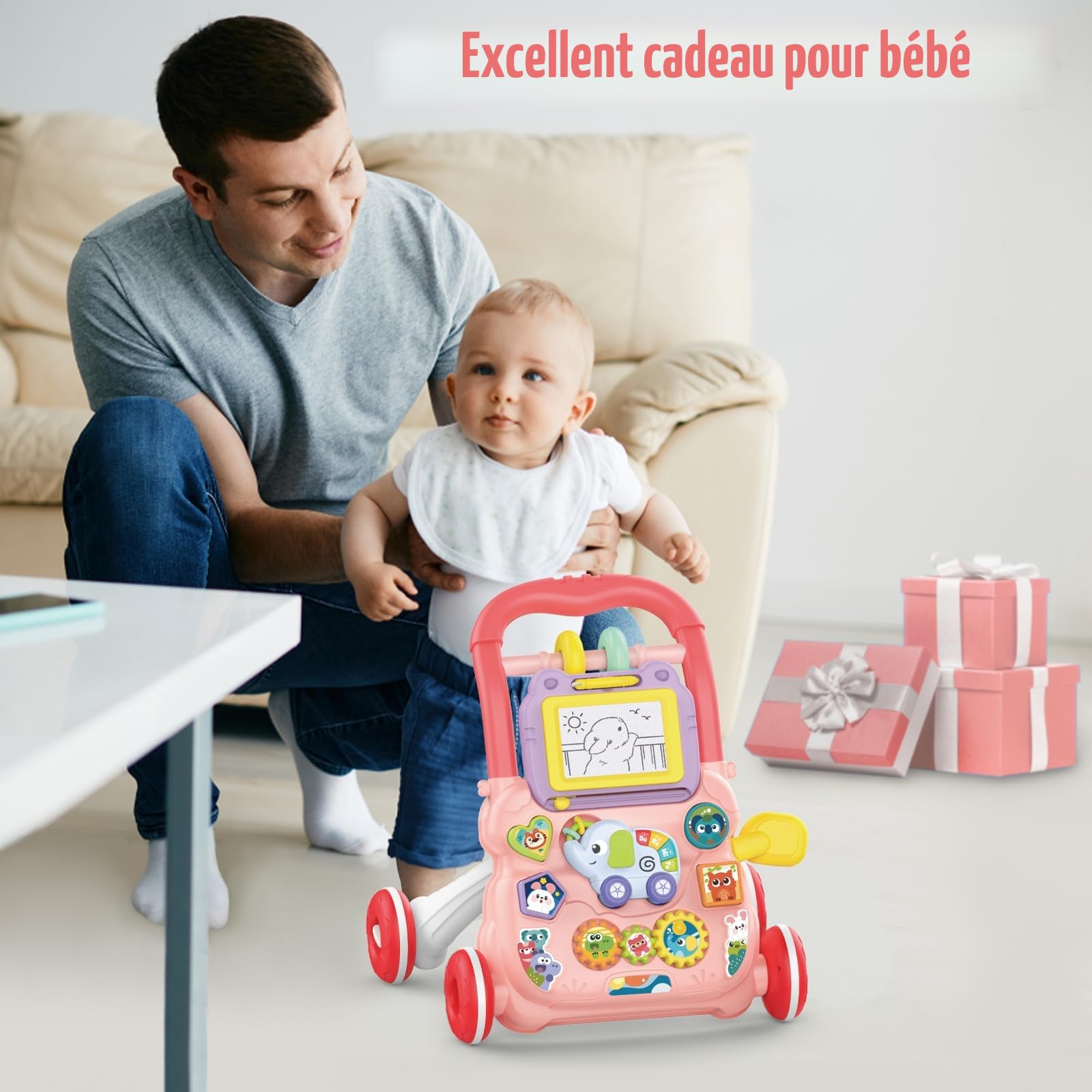Marcheur D'apprentissage Assis-Debout, Jouet 2 En 1 Pousser pour Bébé avec Musique et Tableau de Dessin, Centre D'activités Éducatives Multifonctionnel pour Enfants Filles Garçons 12M+ (Rose)