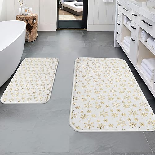 Miniatura 4 de ASPMIZ 2 alfombras de baño con diseño de Feliz Navidad, tapetes de baño con copos de nieve de oro blanco, antideslizantes, lavables, juego de