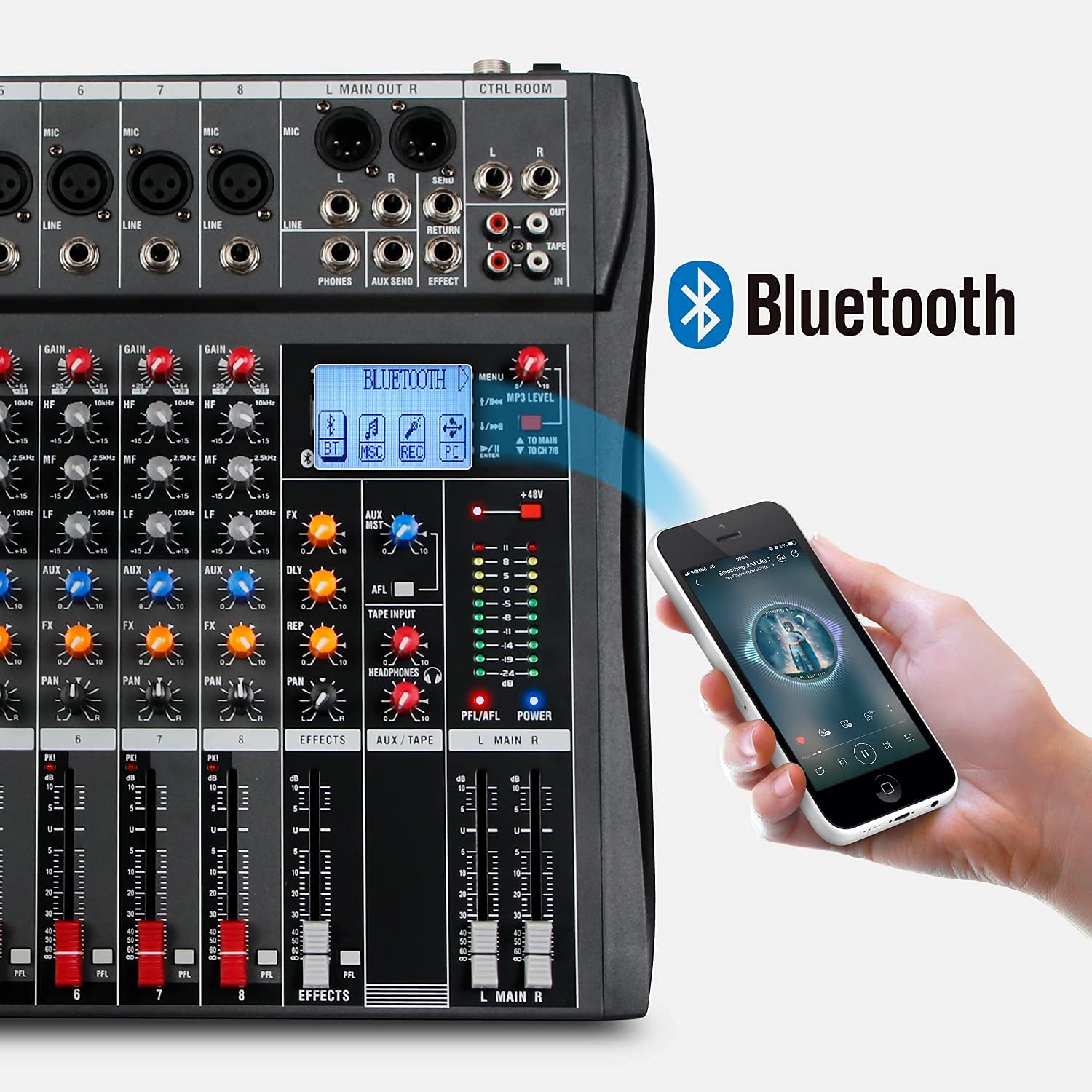 Depusheng DA8 Mélangeur audio professionnel Console de carte de son Bluetooth Interface de système de bureau à 8 canaux Entrée MP3 USB numérique Alimentation fantôme 48V, Noir