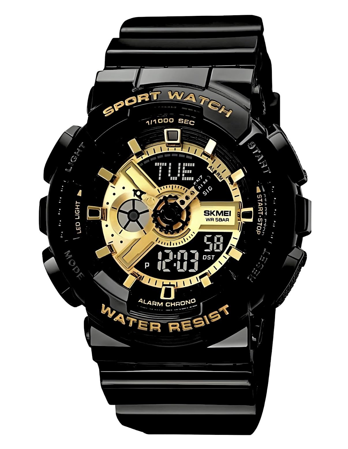 Men's Digital Sports Watch LED Square Large Face Analog Quartz Wrist Watch with Multi-Time Zone Waterproof Stopwatch Balck Gold