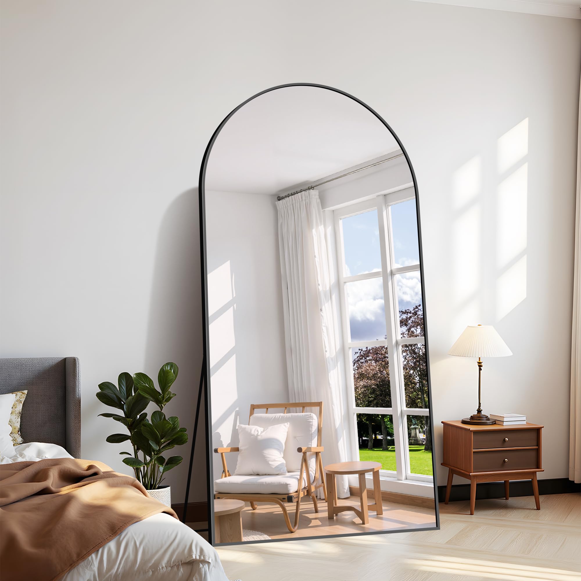 COFENY Espejo de Pie Cuerpo Entero Curvado 206 x 104 cm, Espejos Grandes de Pared con Marco de Aluminio, Espejo de Pie Inclinado o Colgante para Salón, Dormitorio, Entrada, Negro