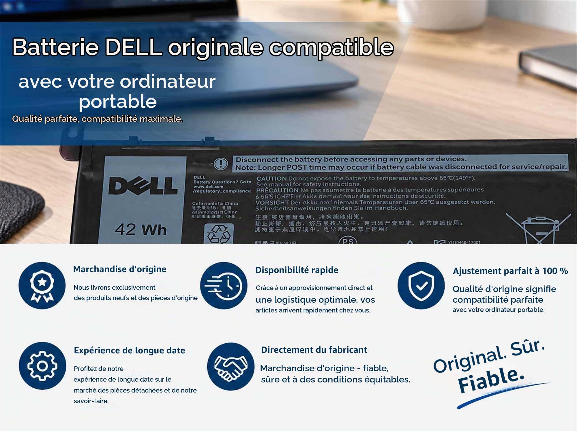 Batterie 42Wh Original (Variante de 1,5 cm) pour Dell Inspiron 17 (5770)