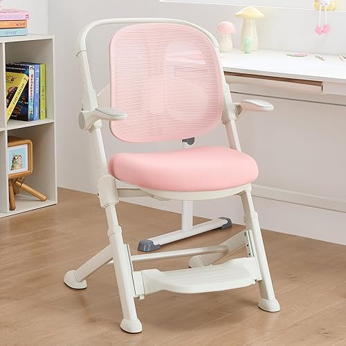 Silla de escritorio ergonómica para niños con respaldo de malla transpirable adaptable, asiento multiajustable y reposabrazos abatibles, silla de