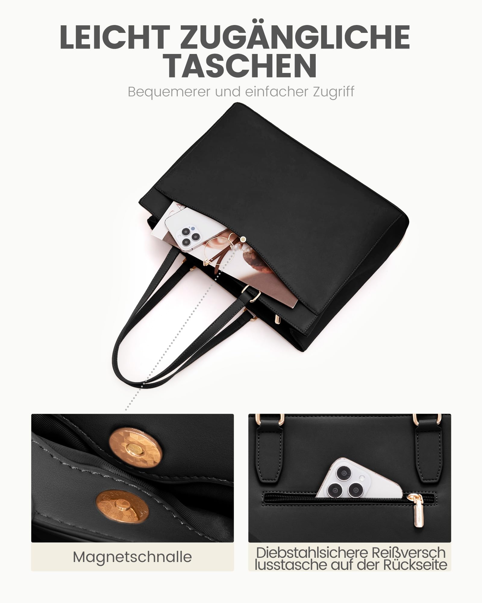 LOVEVOOK Laptoptasche Damen 15,6 Zoll, Leicht Aktentasche Arbeitstasche Handtasche Groß, Elegant Laptop Bag Business Shopper Tasche Lehrertasche Schultertasche Women für Uni Schule Büro, Schwarz