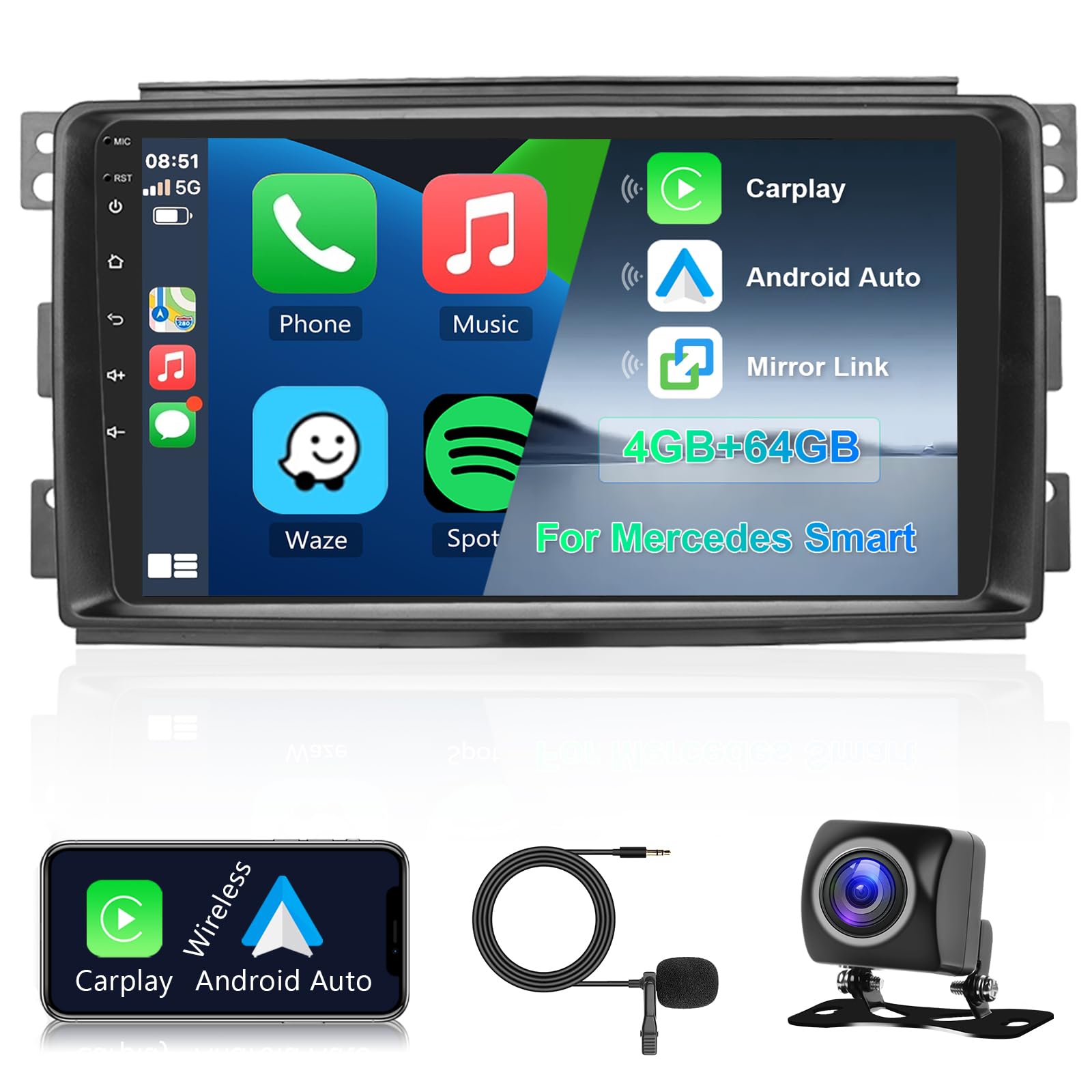 8 Core 4G+64G Autoradio per Mercedes Benz Smart Fortwo 451 2005-2010 Android 9 Pollici Touch Schermo GPS Navigation Carplay Android Auto Mirror Link 2 Din Radio Bluetooth DSP WiFi RDS Camera Hodozzy