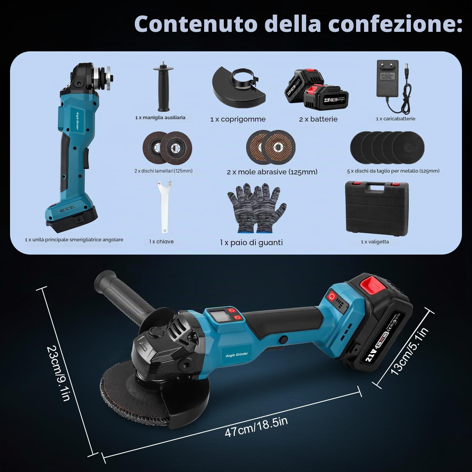 Smerigliatrice angolare a batteria Trsaow con 2 batterie da 4000 mAh, motore brushless da 800 W, 3 velocità e display LCD, 3 dischi abrasivi per metallo, pietra