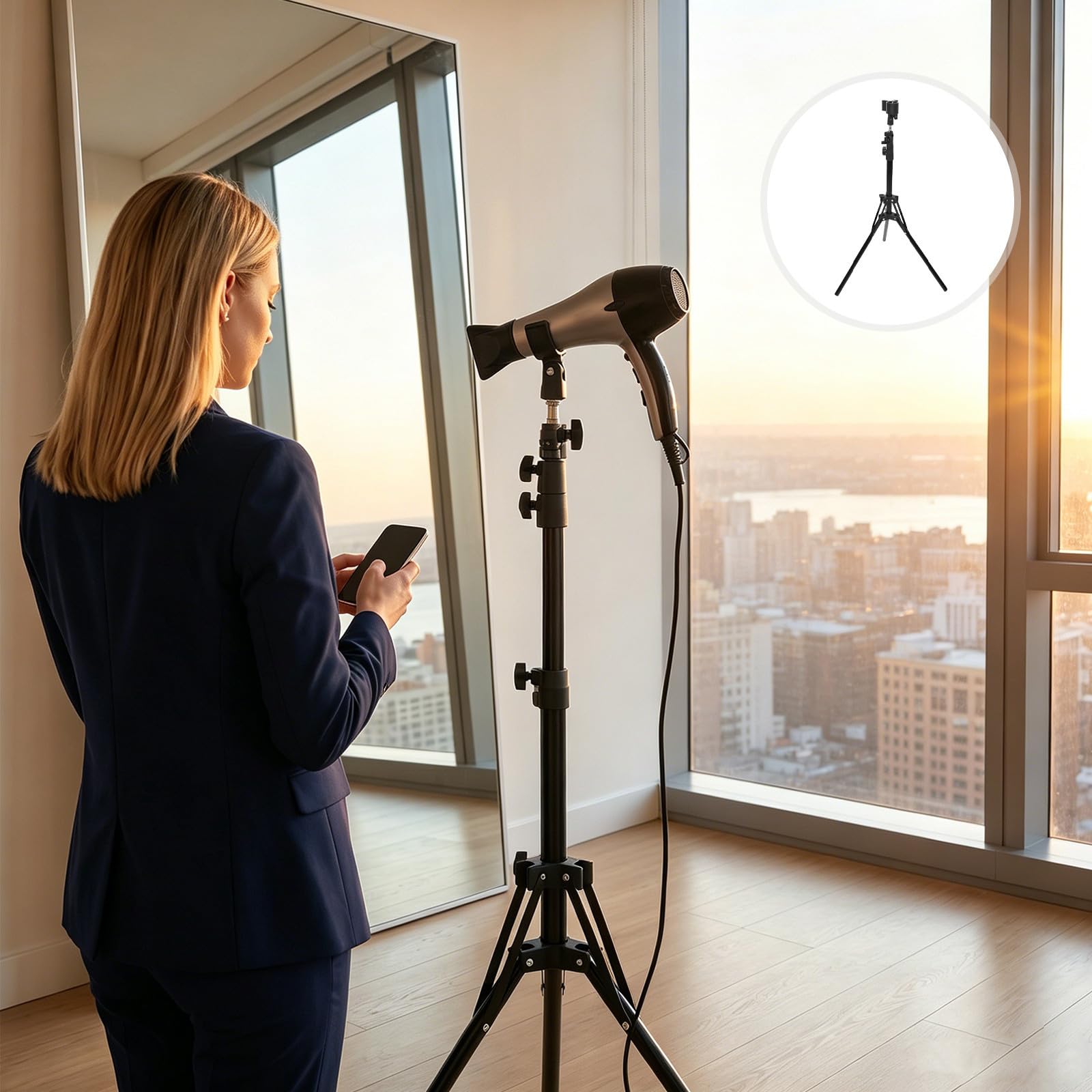 Soporte Ancha Ajustable de Altura Pelo para Secador 360° Giratorio con Clip de Sujeción Base y Almohadilla Antideslizante para Uso en Salón y Hogar