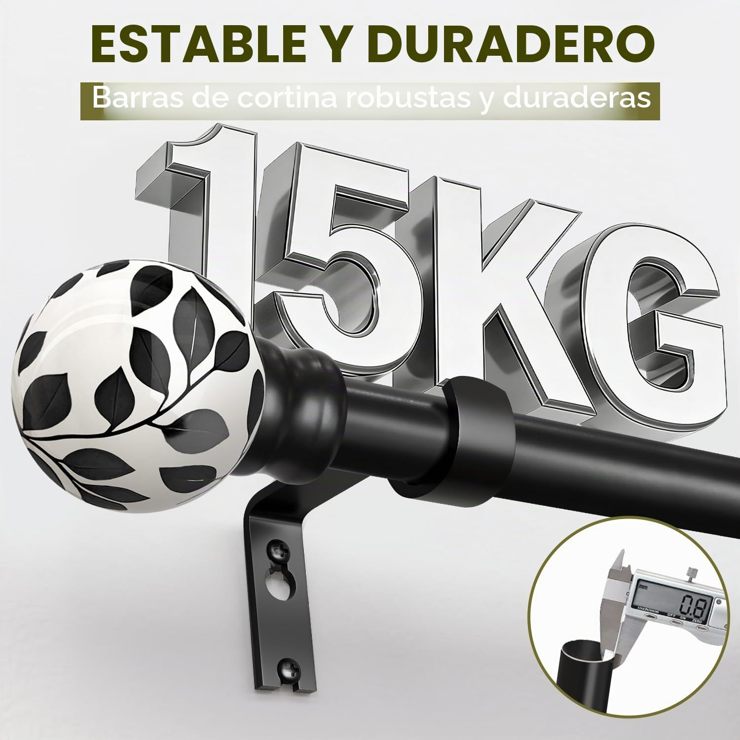 Barra Cortina Negra 80-365 Cm,Extensible De Metal Pesado | DiáMetro De 25 Mm,Montaje En Pared, Con Topes De Hoja De CeráMica Y Soportes, Para SalóN, Dormitorio, Cocina, Terraza