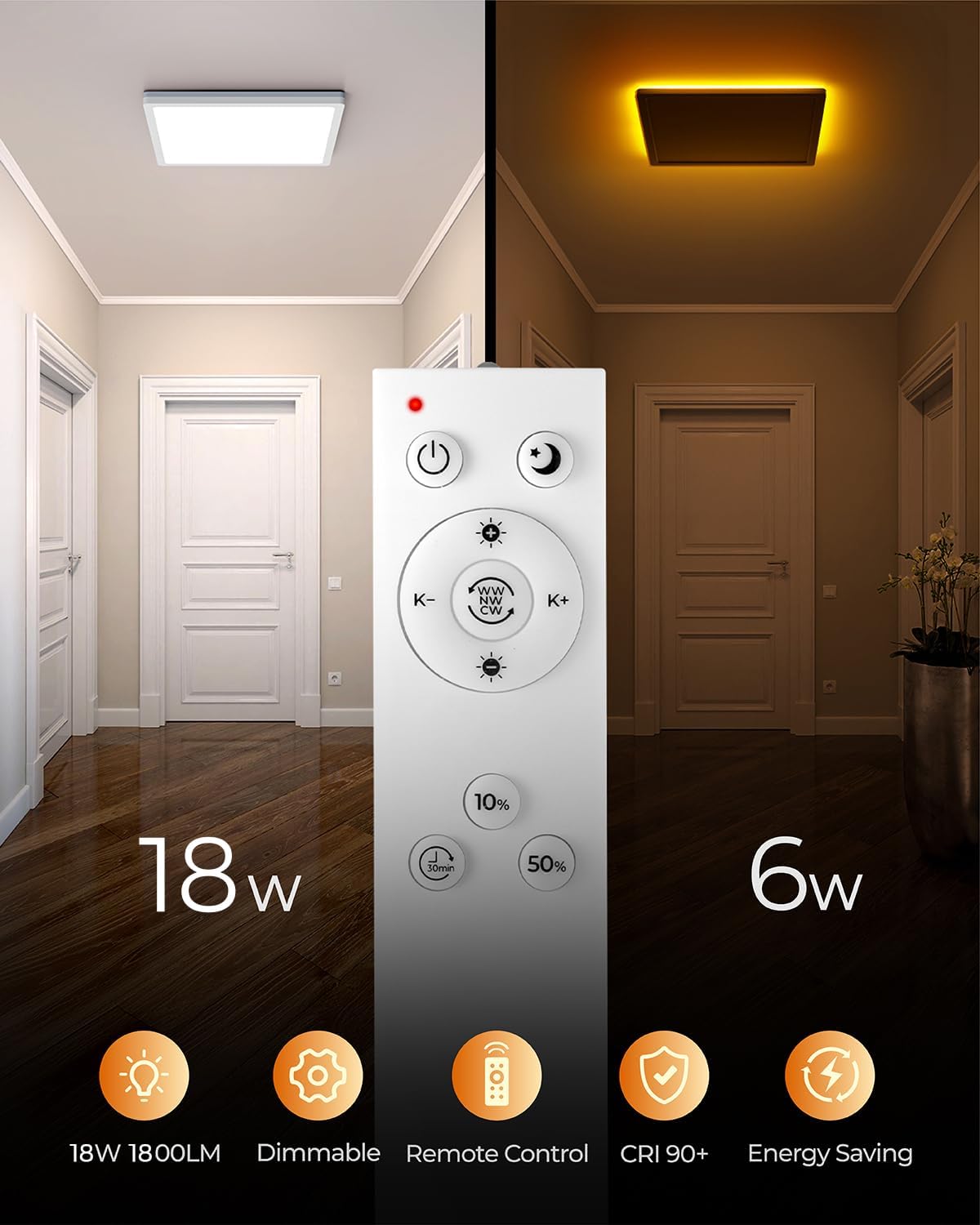 BLNAN ceiling light with remote, showing various light color temperatures.