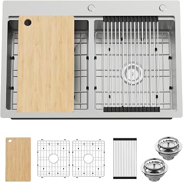 50/50 Double Bowl Kitchen Workstation Sink, 33"x22" Stainless Steel Drop In Kitchen Sink Easy To Multitasking With Cutting Board,Drying Rack,Silicon Mat,Stainless Grid And Drain Assembly