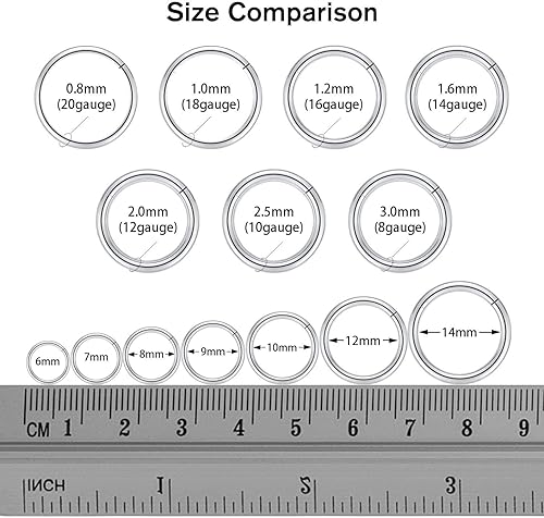 Miniatura 3 de PEAKLINK - Piercing de aro para la nariz de 20 g, 18 g, 16 g, 14 g, 12 g, 10 g, 8 g, de acero inoxidable con bisagras, segmento sin uniones para