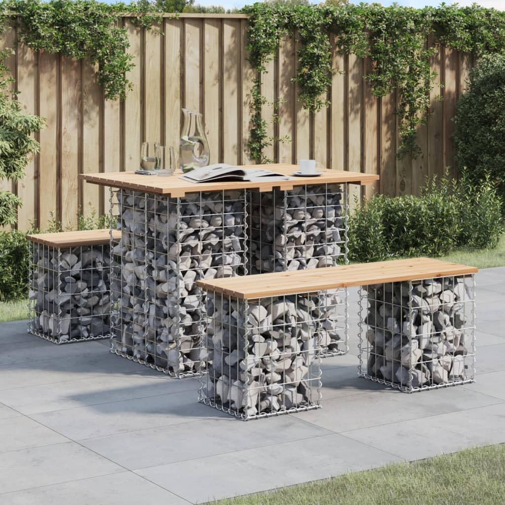 SXZenSpace Garden Coffee Table 100x70x72 cm Solid Pine Wood Top on Galvanised Steel Gabion Base Compact Small Outdoor Bistro Patio Design for Balcony Terrace Backyard