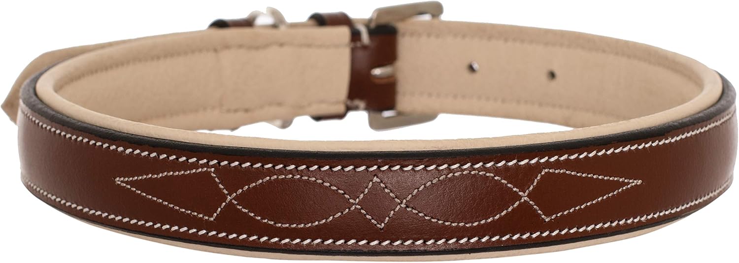 Exion Geniun Leather Dog Collar Designer Stitched Soft Leather Padded- Suitable for Small Medium Large X-Large Dogs for Walking Running- Black with Beige Padding