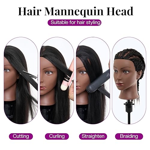 Miniatura 2 de Cabeza de Maniquí de 20-22 Pulgadas de Cabello Humano con Soporte, Cabeza de Maniquí de Cabello Humano 100% Real para Trenzar, Cabeza de Muñeca de