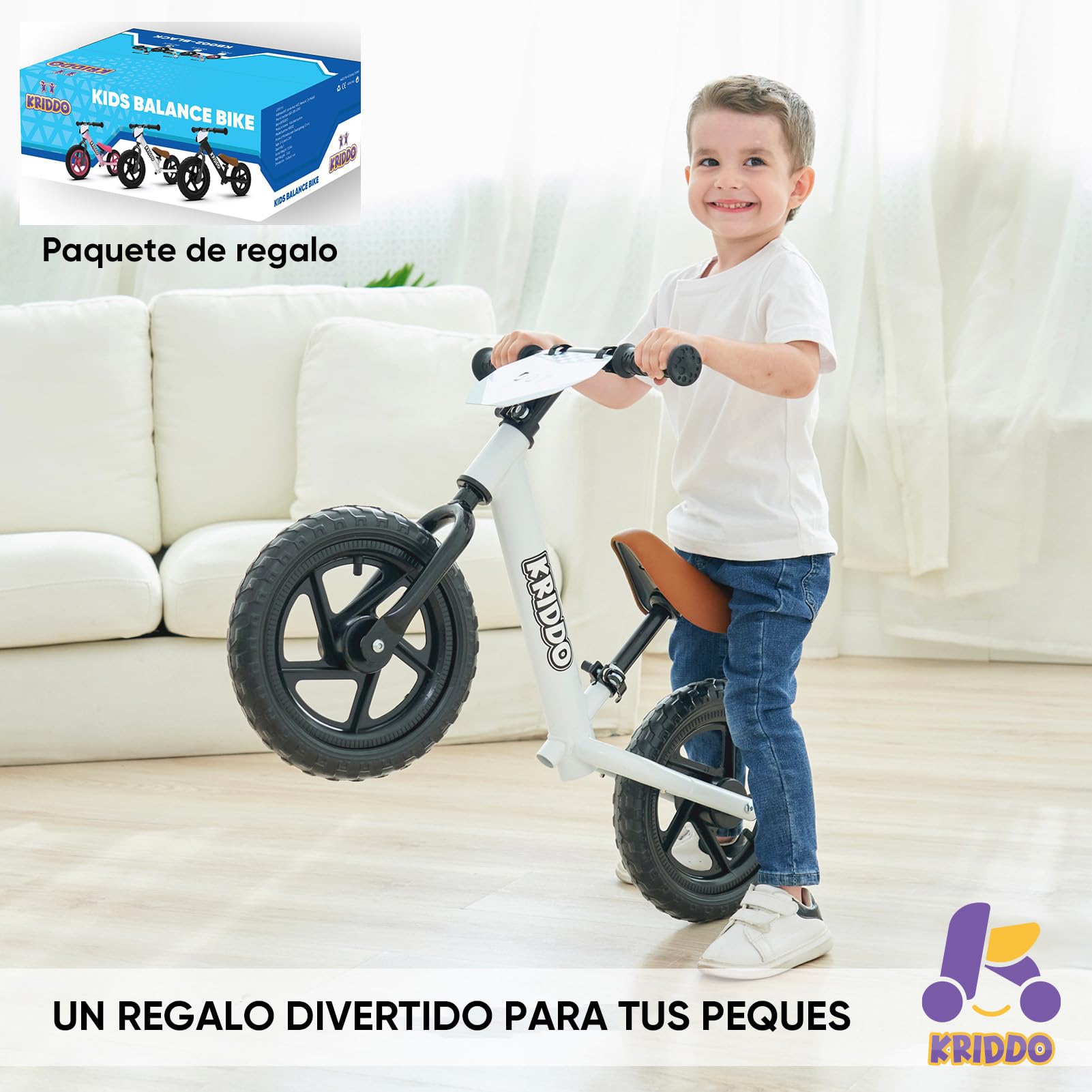 KRIDDO Bicicleta para niños de 2 años, Edad 18 Meses a 5 años, Bicicleta de Empuje de 12 Pulgadas con Placa Individual (3 Juegos de Pegatinas Incluidas), Bicicleta de Regalo para 2-3 niños y niñas