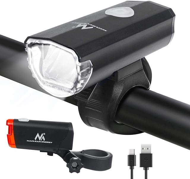Maclean MCE312 zestaw świateł rowerowych LED, światło przednie, tylne światło, 2 tryby oświetlenia, 30 luksów, dopuszczone do ruchu drogowego