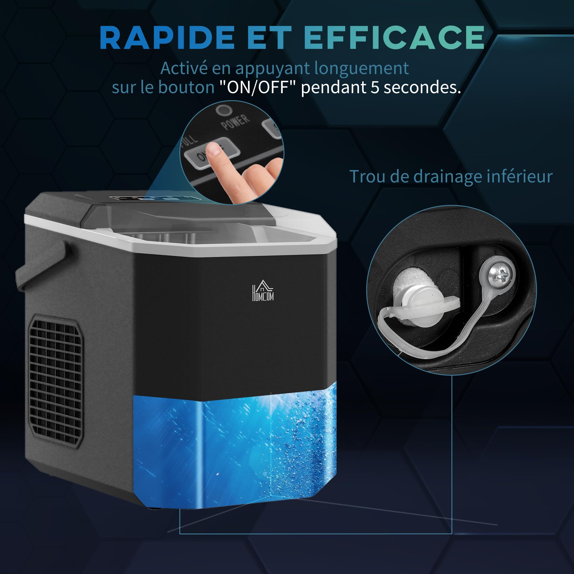 HOMCOM Machine à glaçons autonettoyante, 12kg en 24h, 9 glaçons en 6-13 minutes, ice maker Portable Avec Poignée, panier et pelle, pour la maison/cuisine/camping, noir