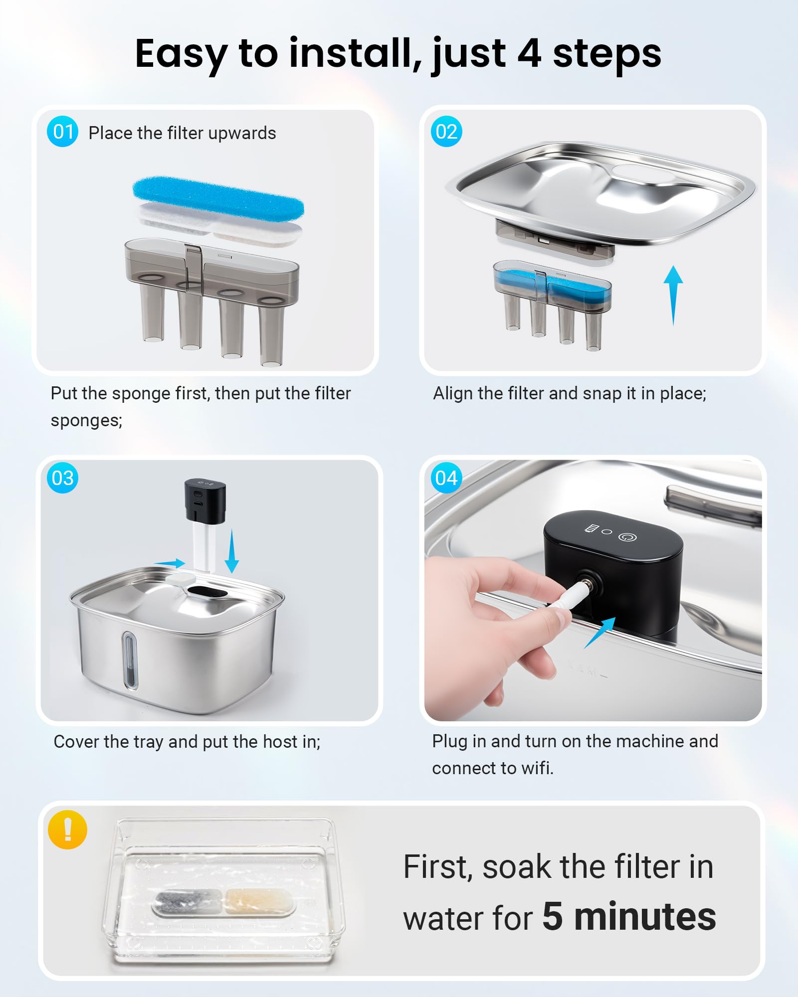 10L Dog Water Bowl Dispenser Fountains Accessories, Pet Cat Water Fountain Stainless Steel, Safe Multi-Filtered Automatic Dispenser for Dogs 2.4G Wi-Fi 2.64Gal/338 Oz (8 Filters & Sponges) - image 5