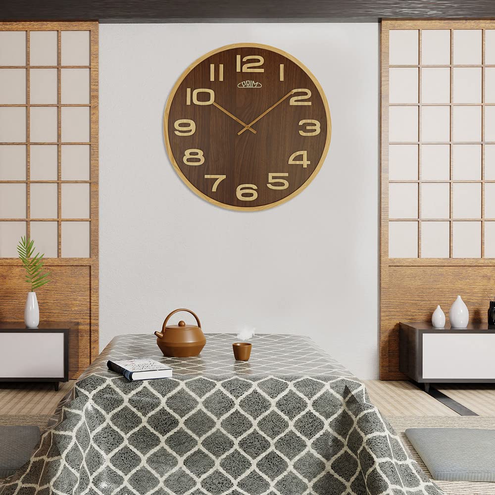 PRIM Reloj de Pared de Madera de Lujo Timber Veneer, Color marrón, con números Grandes 3D, Esfera chapada, Cristal Curvado, Motor Paso a Paso de Cuarzo