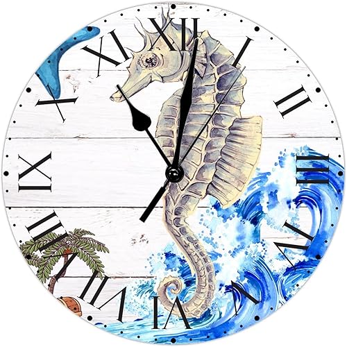 Reloj de pared antiguo con forma de caballito de mar con estrellas de mar de PVC, reloj de pared colgante con números romanos de 10 pulgadas,