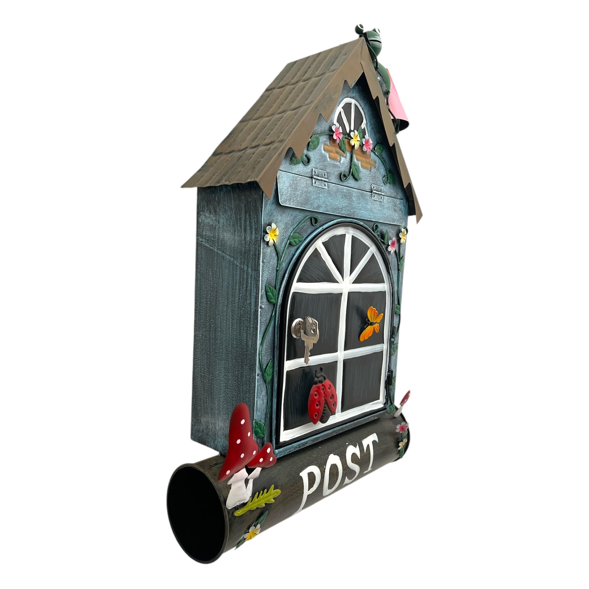 Buzón de estilo de casa azul con rana y setas, decorativo