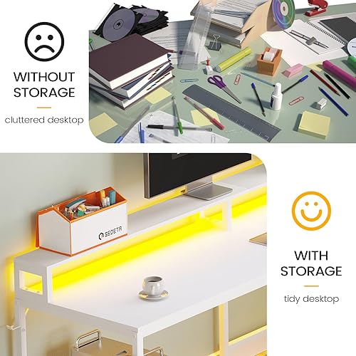Miniatura 7 de SEDETA Escritorio blanco para juegos en forma de L, escritorio de oficina en casa de 66 pulgadas con cajón de archivos, toma de corriente y luces