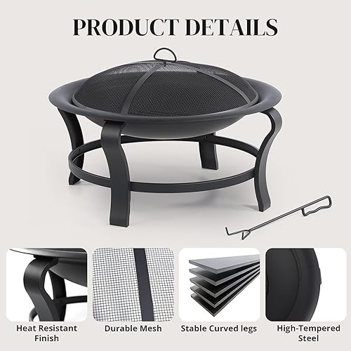 Miniatura 2 de Juego de hogueras de acero de 30 pulgadas, pozo de leña, incluye pantalla, cubierta y póker de troncos, ideal para exteriores y patio, hoguera
