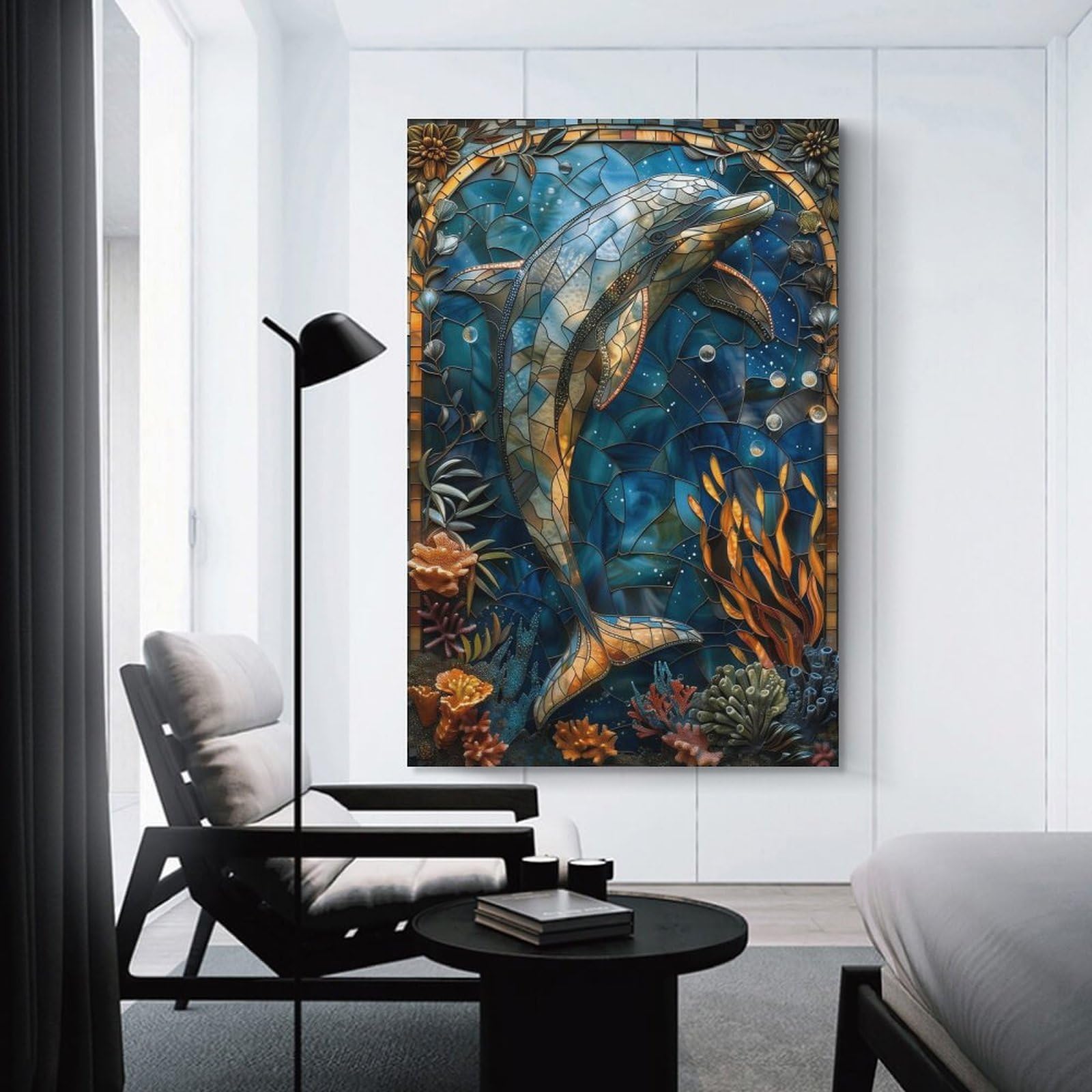 Junmoney Unframe-Style-21 Stained Glass Dolphin Artwork Room Decor Wall Art, 24X36inch(60X90cm), For Living Room, Bedroom, Office Or Hallway, Decorative Artwork With Broad Appeal