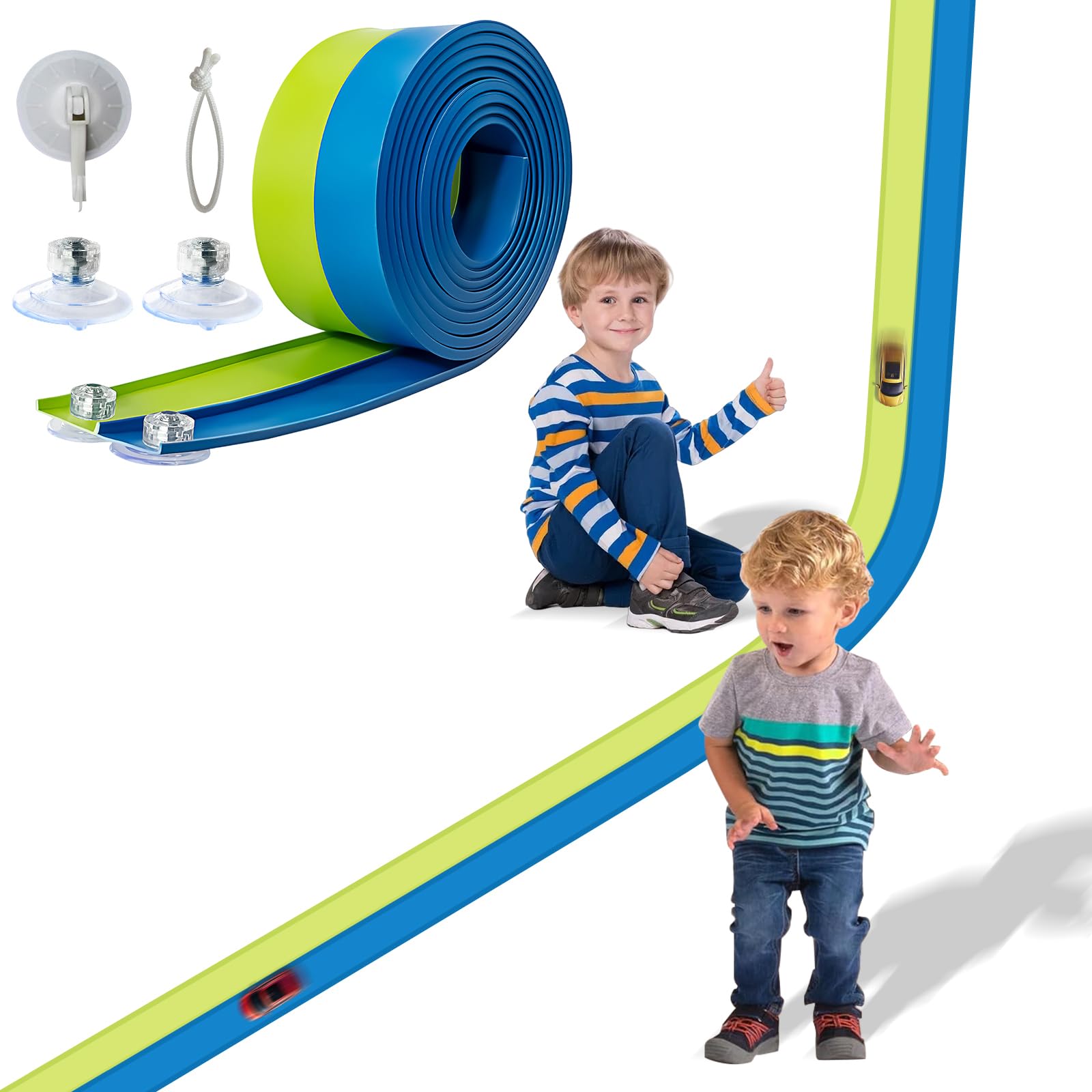 Flexible Race Car Track 4.5m Starter Set including Suction Cups Compatible with Hot Wheels and Diecast 1/64th Car for Ages 3 & Up Classic Double Track Long Rolls Up Portable Racetrack (Blue-Green)