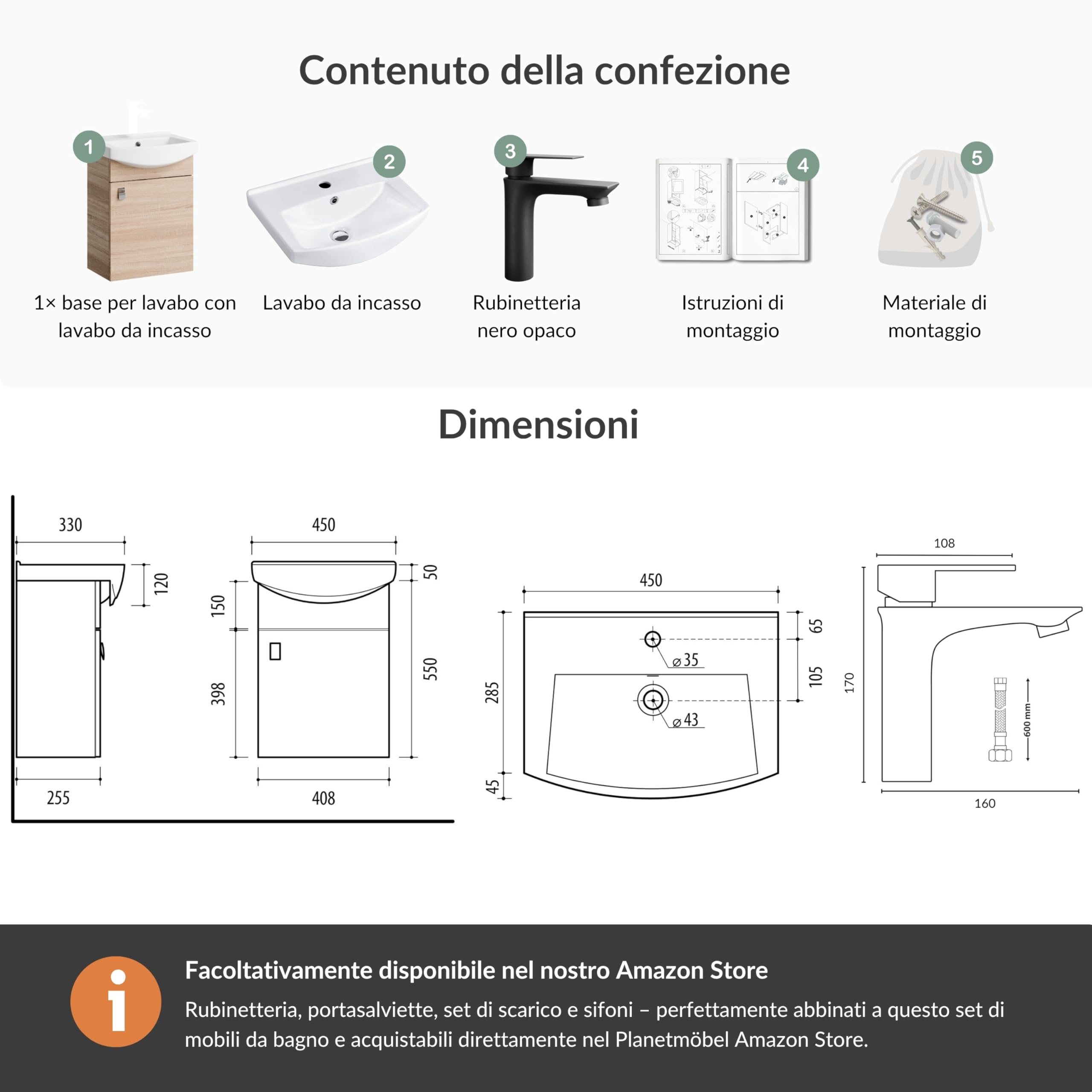 Planetmöbel Set di mobili da bagno lavabo con mobiletto 45 x 60 x 33 cm con rubinetto nero per bagno e WC ospiti, rovere Sonoma