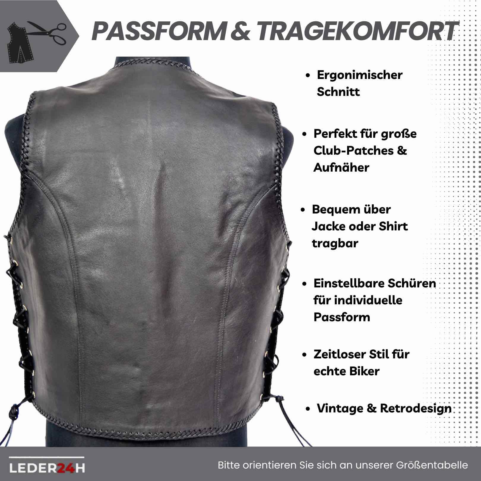 LEDER24H Schwarze Leder Motorradweste mit Kordel 1050-SP