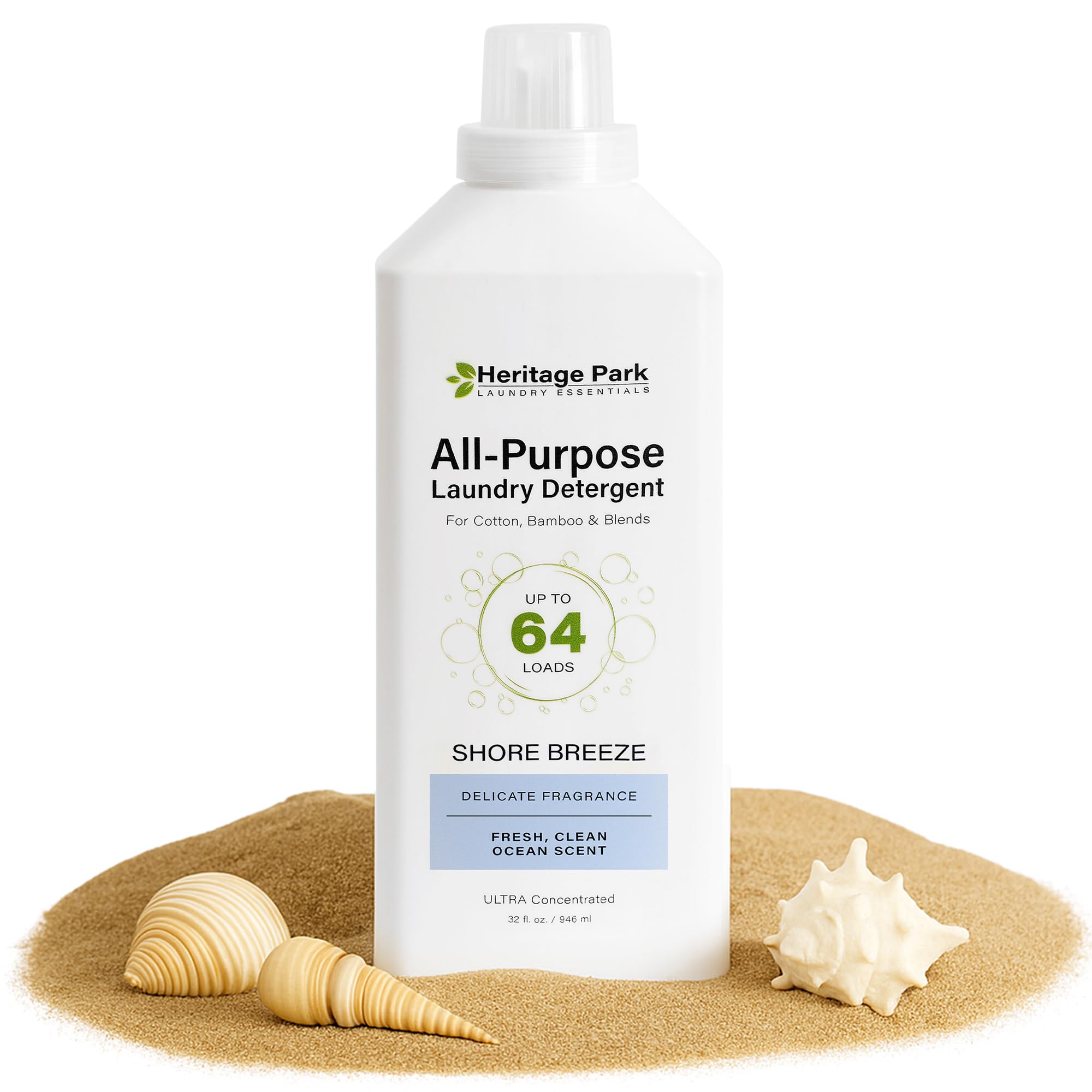 Heritage Park Luxury Laundry Detergent | Dermatologist Tested Plant based Natural & Enzyme Laundry Detergent | Sensitive Skin Friendly - Shore Breeze (32 fl oz)