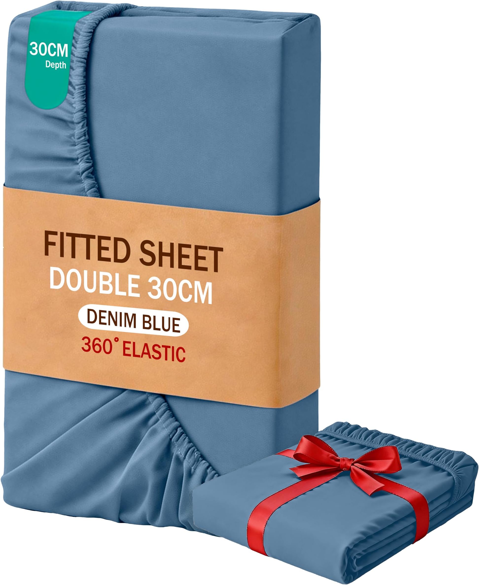 MOHAP Double Size Fitted Sheet Denim Blue with Extra Deep 30 cm Pocket Bed Sheet Only Bedsheet Brushed Microfiber Bottom Sheet for Double Bed 135x190 Denim Blue
