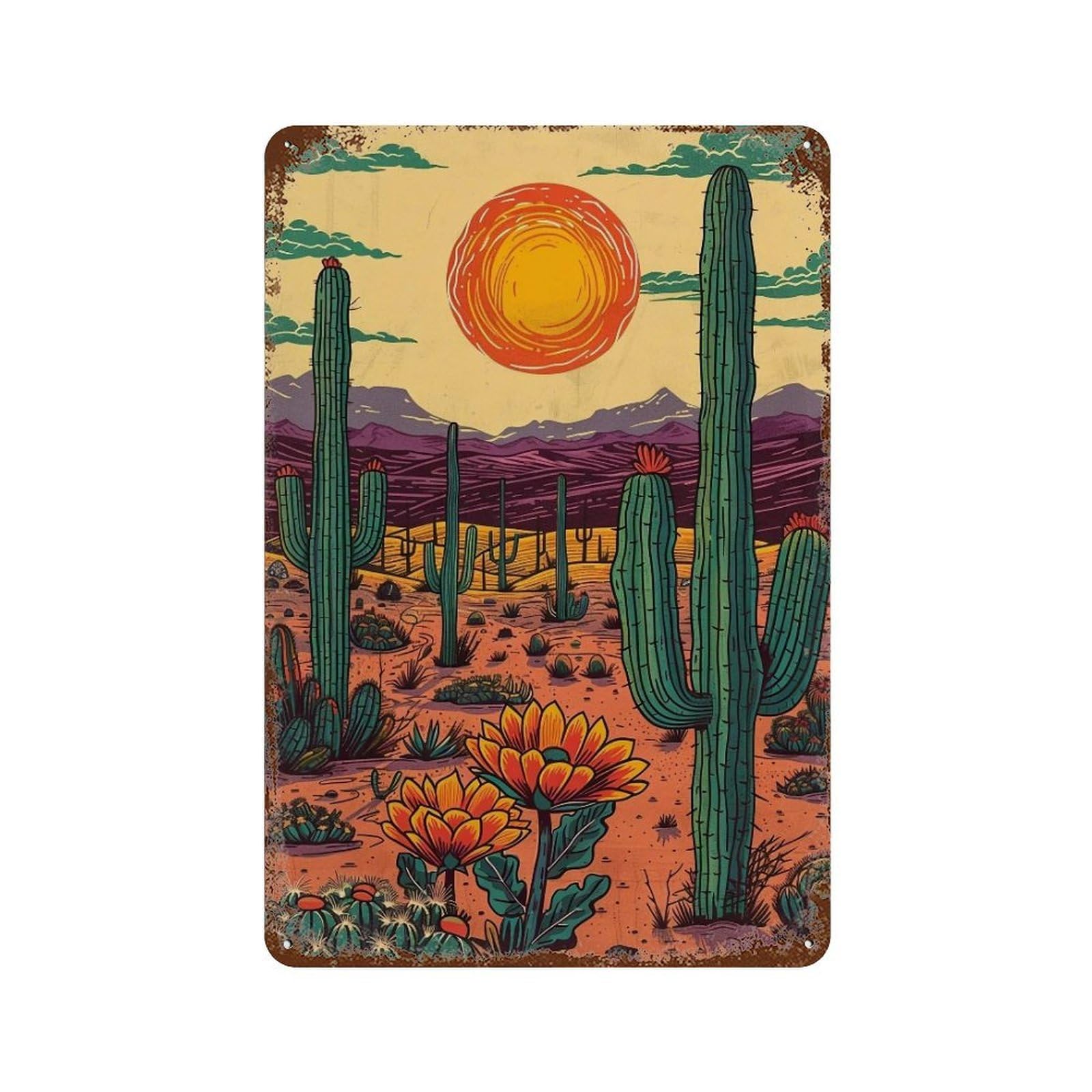 Wihyrtui Style Retro Flat Sunset Saguaro Desert Floral Vista 03 Wall Retro Iron Metal Tin Sign Vintage Art Poster Modern Home Cofffee Club Art Bar Shop Decor 30X20cm