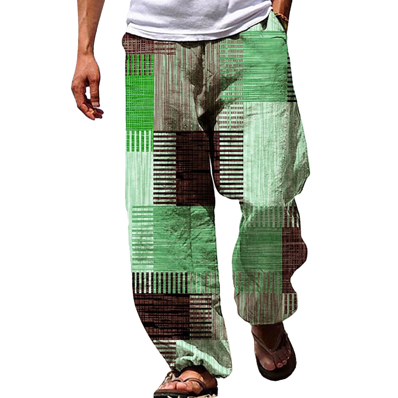 Bukknye Men's A-Green Patchwork Peace Elastic Waist Hippie Gypsy Trousers