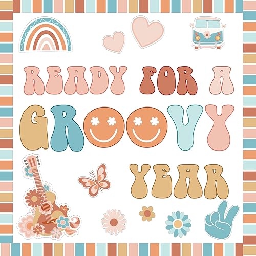 ZOiiWA Groovy - Juego de decoración de tablón de anuncios retro, diseño hippie y bohemio, listo para un año de genialidad, kit de tablón de anuncios