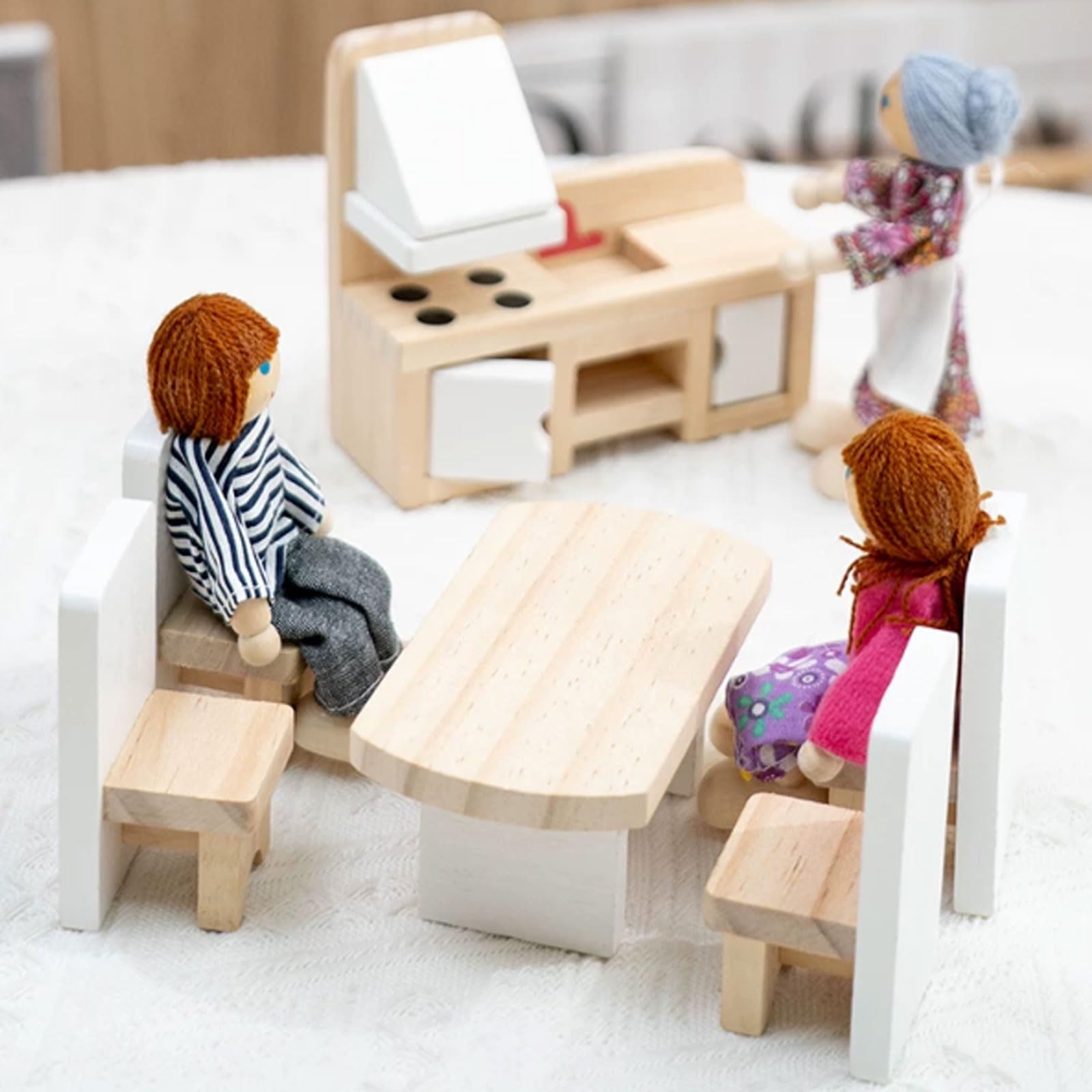 Drewniany zestaw mebli do domku dla lalek Montessori | Miniaturowe Akcesoria Meblowe do Domu Symulacyjnego, Zestaw Meblowy do Domku dla Lalek do Zabawy Ról