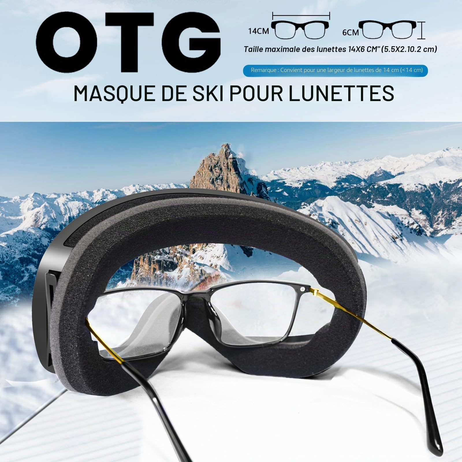 Masque de ski OTG sans monture anti-buée protection UV400 pour hommes et femmes