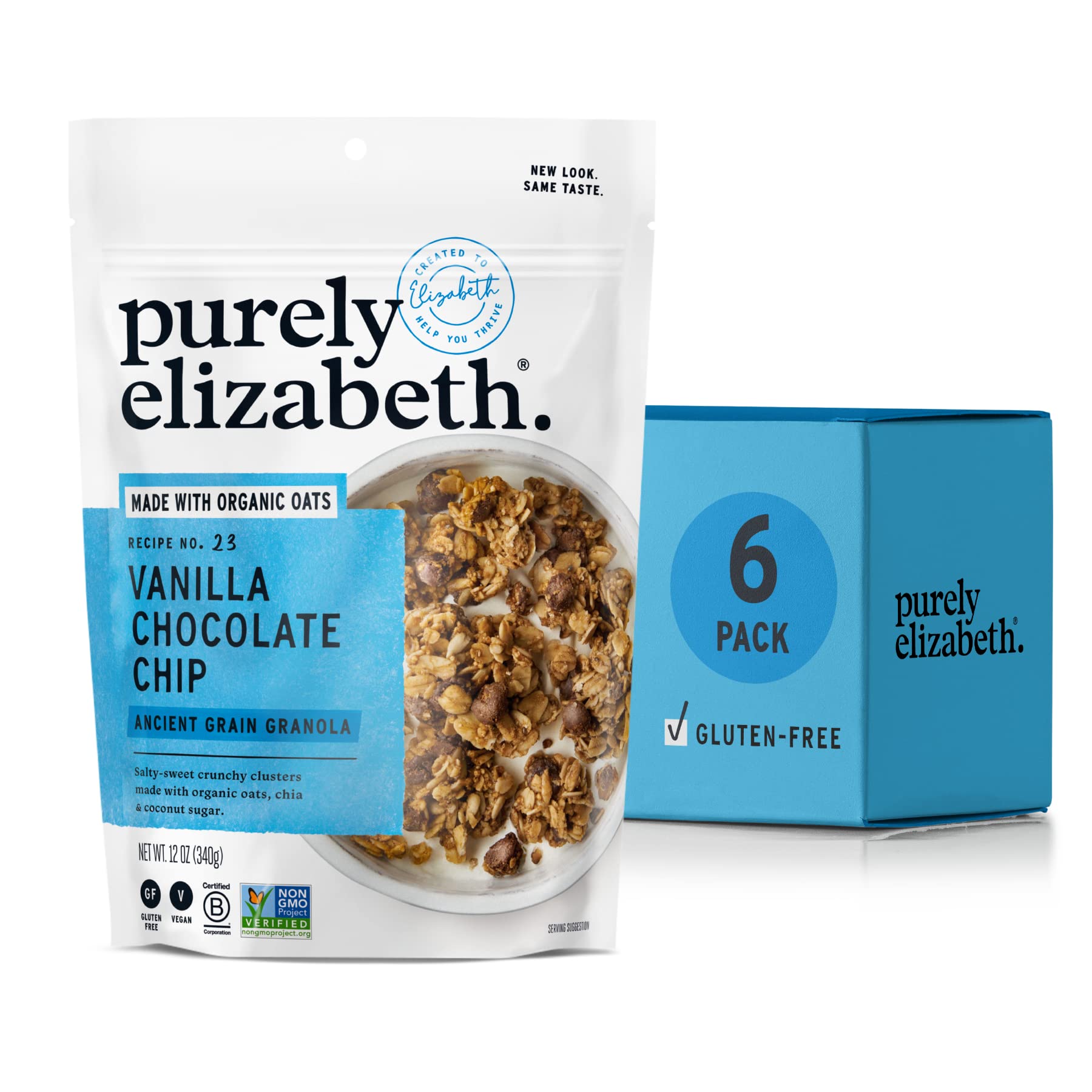 puramente elizabeth Vanilla Chocolate Chip, granola de grano antiguo, sin gluten, sin OMG (6 unidades, 72 onzas a granel)
