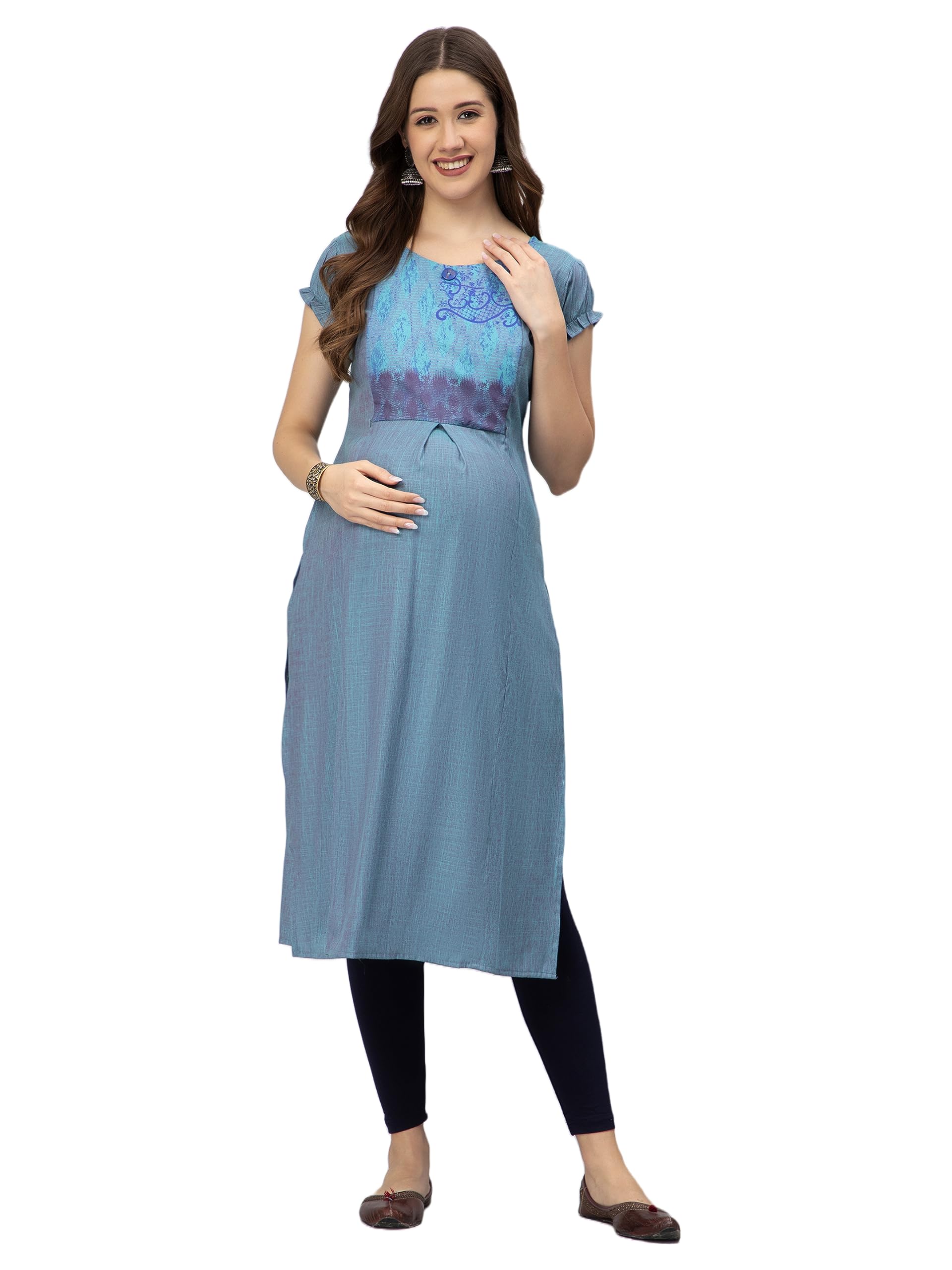 cee 18 Cotton Rayon A-Line Flared Maternity Feeding Kurti for Women with Zippers | Maxi Gown Dress for Women | Breastfeeding Dress for Mothers | Feeding Kurti for Women | Maternity Wear for Women-picture-12